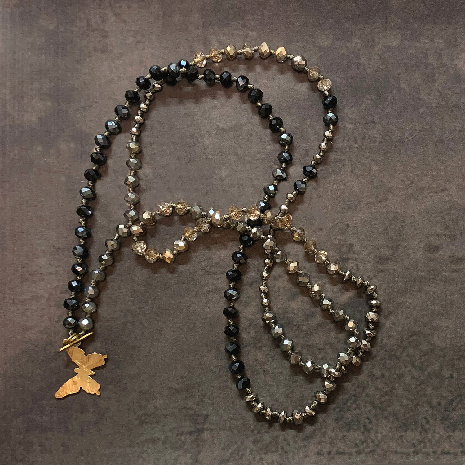 VIKIKO Swedish style natural black gallstone long sweater chain handmade gold butterfly black crystal girls necklace