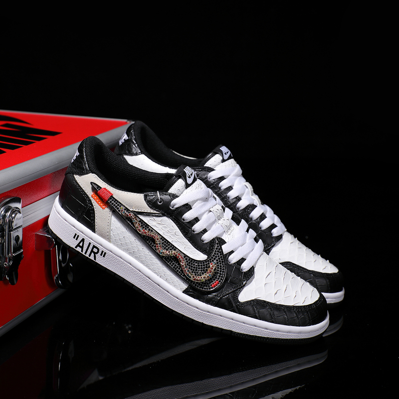 Nike Custom Sneakers Nike Air Jordan 1 Black and White Crocodile Leather with Python Leather Stitching, Low-Top for Men and Women