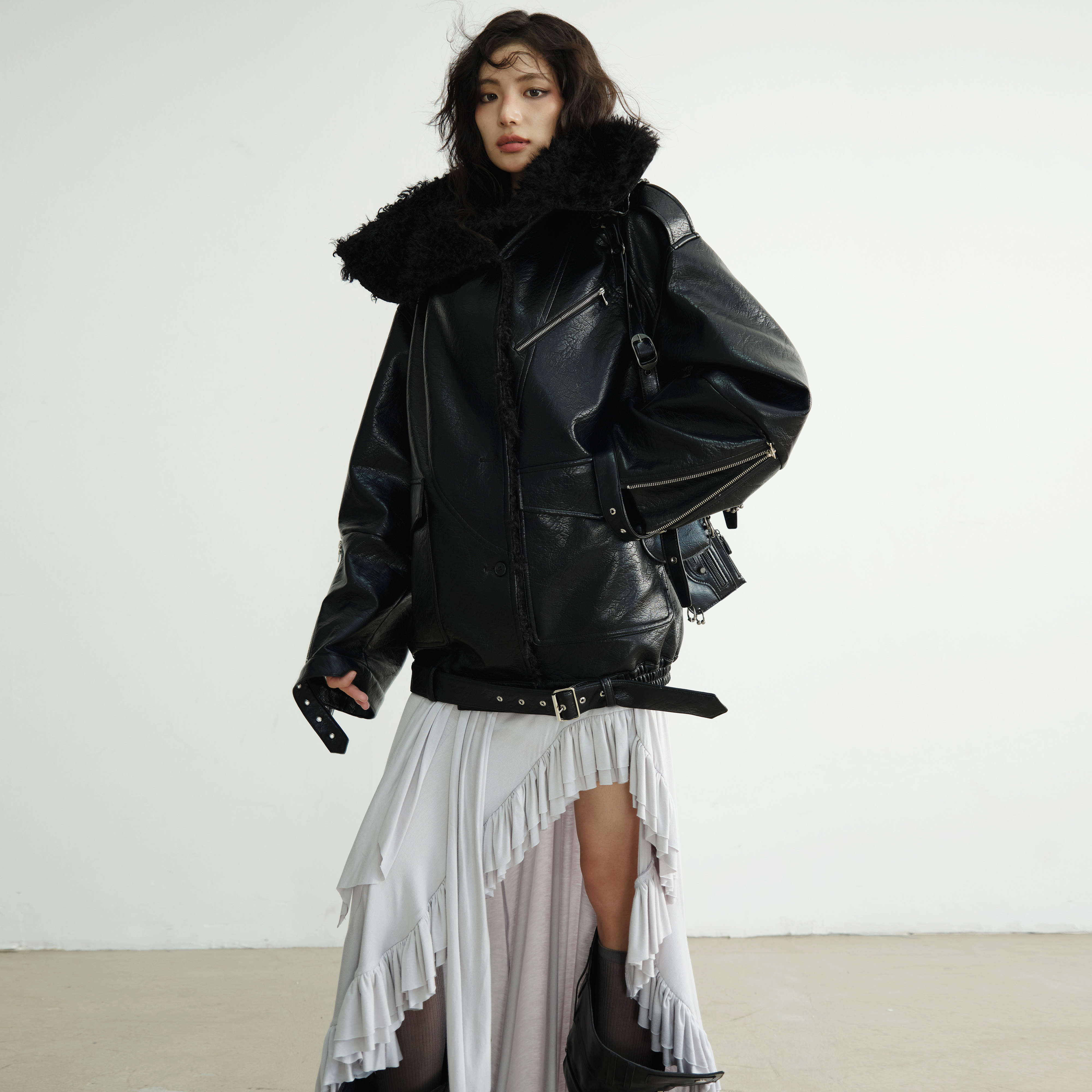 JNYLON-24AW ダーククール　PUレザー　オーバーシルエットジャケット JNYLON-24AW ダーククール PUレザー オーバーシルエットジャケット