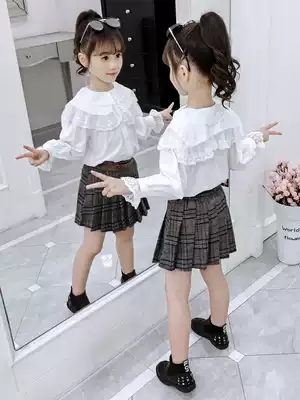 Girls white shirt autumn long sleeve 2021 new foreign pie little girl lace lace shirt children autumn top