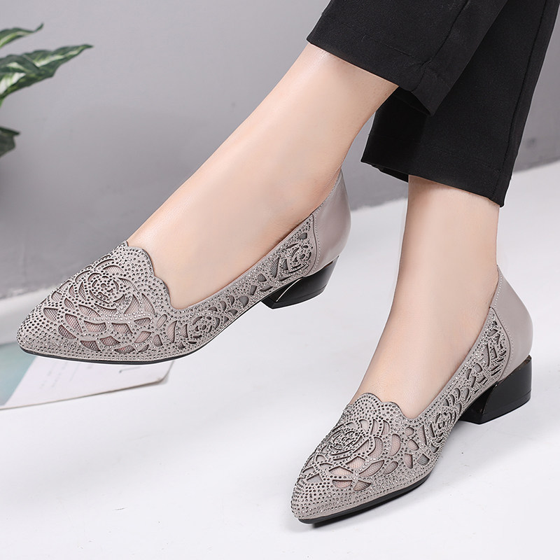 2022 new spring leather rhinestone low-heeled hollow single shoes women's breathable mesh sandals summer Baotou mother shoes