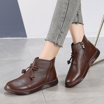 Spring and autumn fur Martin boots comfortable mommy shoes flat soft leather single shoes thick sole large number 41 one 43 female shorts