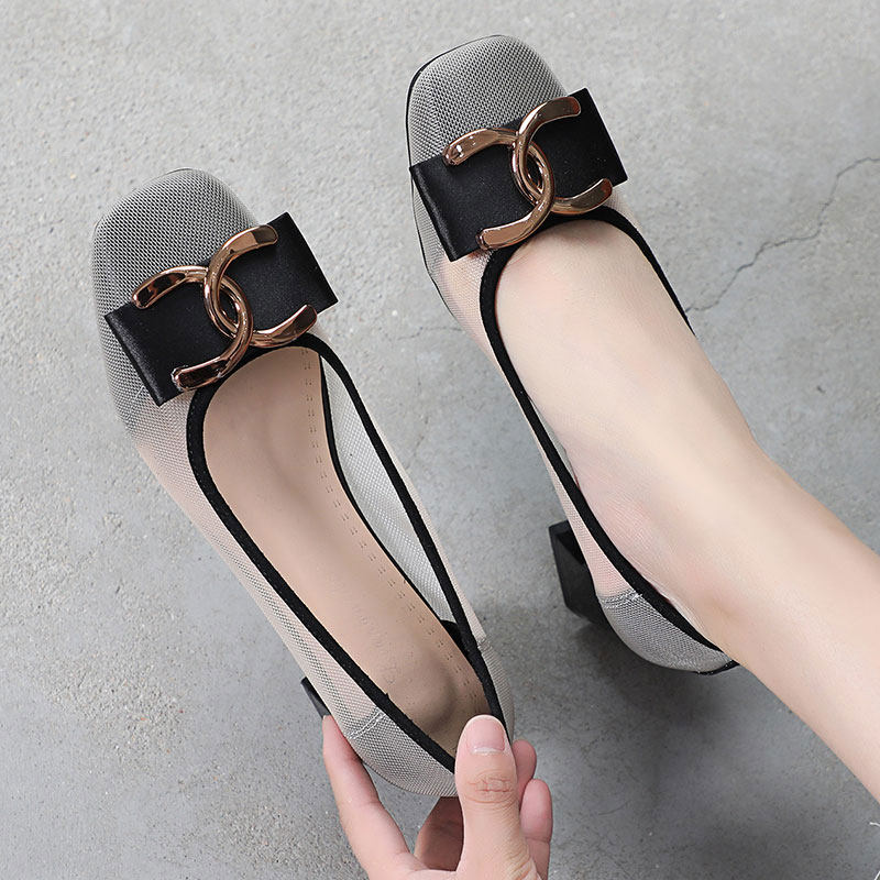Summer Outer Wear Medium Heel Comfortable Mesh Mother Shoes Soft Sole Breathable Hollow Women's Singles Mesh Thick Heel Baotou Sandals
