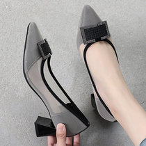 2022 New pointed coarse heel Hollowed-out Breathable Net Face Women Shoes Single Shoes Mom High Heel Shoe Mesh Yarn Baotou Sandal