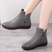 2021 New Winter Gush Leather Flat Bottom Mom Short Boots Woman Cotton Shoes Round Head Big Size Soft Underweight skinny Martin boots
