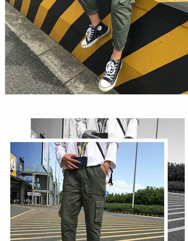 Xu hướng đường phố Nhật Bản túi lớn overalls nam và nữ đẹp trai phong cách trung tính lỏng lẻo chín quần thường quần áo nam