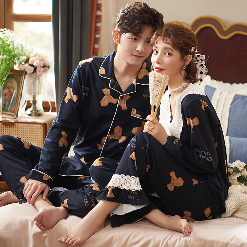 Lovers pyjamas women's spring and autumn long sleeves pure cotton linen Japanese and cute little bear men's home suits for autumn and winter