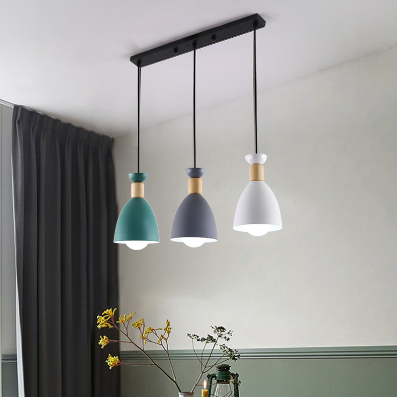 Nordic Restaurant Chandelier with Three Heads, Long Strip Macaron Creative Dining Table Lamp, Modern Minimalist Bar Counter Disc Lamp