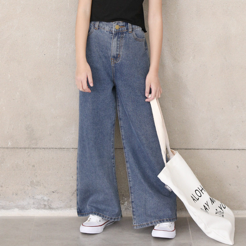 Spring and summer new children's clothing trousers for girls and boys pure cotton simple loose casual all-match retro jeans wide-leg pants