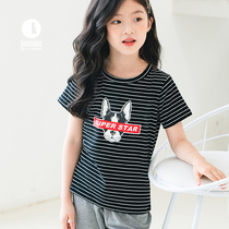Children's striped cotton crew neck short sleeve T-shirt girls puppy printed coat baby half sleeve pullover short sleeve summer style
