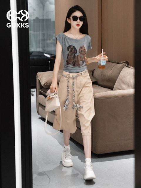 Mingming GUKKS tailoring workwear summer design straps high luxury casual style solid color mid-pants shorts for women