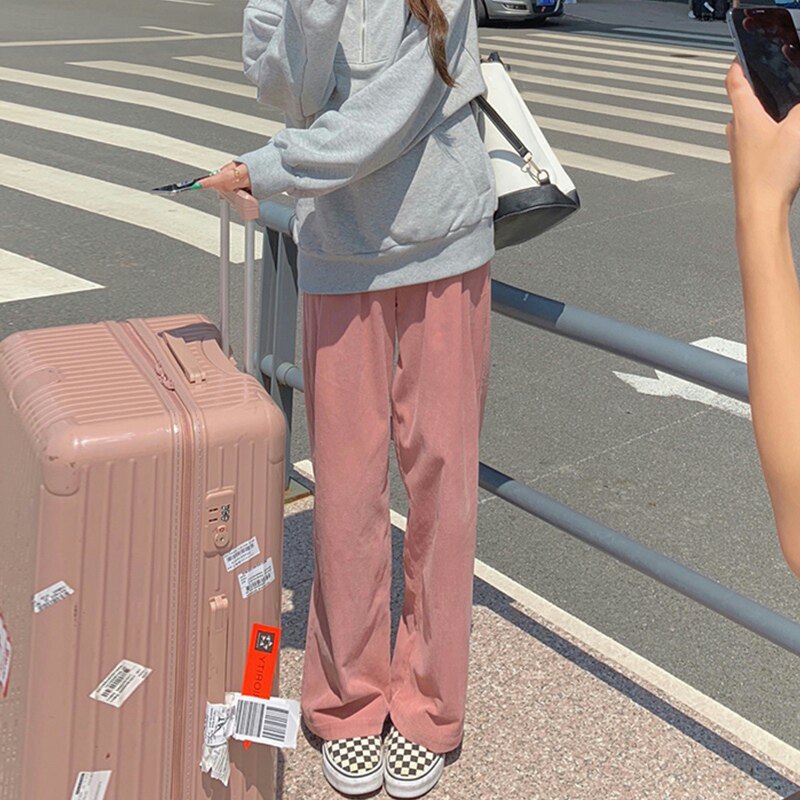 Pink cordux pants Spring and autumn fat sister large-yard women's high waist slim and loose straight tube casual broad leg pants