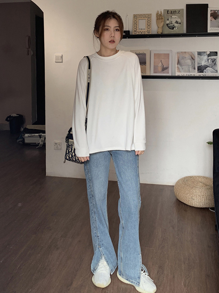 2022 spring new large size dress bifurcated denim jeans female display slim fit straight drum chubby sister mm design sense pants