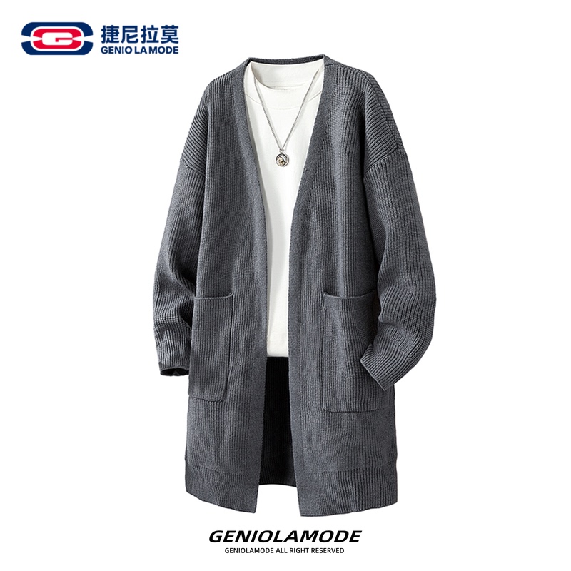 Geniolamode Casual Lazy Style V Neck Knitted Cardigan Men's Spring and Autum Mid-Length High-End Sweater Jacket