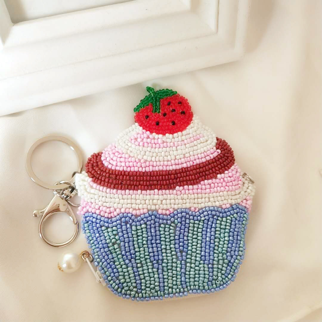 Handmade coin bag female beaded coin purse fan small cute pink strawberry cake rice beads beaded small wallet