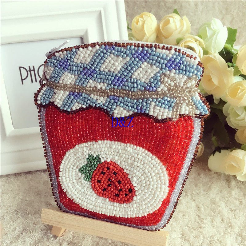 Japan-ROK String Beads Zero Wallet Women Handmade DIY Strawberry Zero Wallet Red Square Student Coin Zero Wallet Card Bag