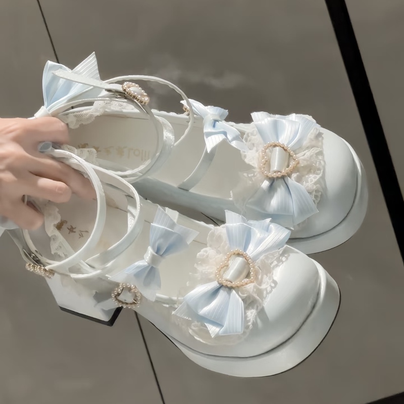 Love Heart Bow Original Lolita High Heels Women's Chunky Heel Sweet Cute Lo Shoes Lolita Small Leather Shoes