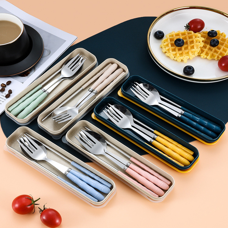 High-End Three-Piece Portable Wheat Straw Thickened Stainless Steel Adult Spoon, Chopsticks, and Fork Student Travel Cutlery Set