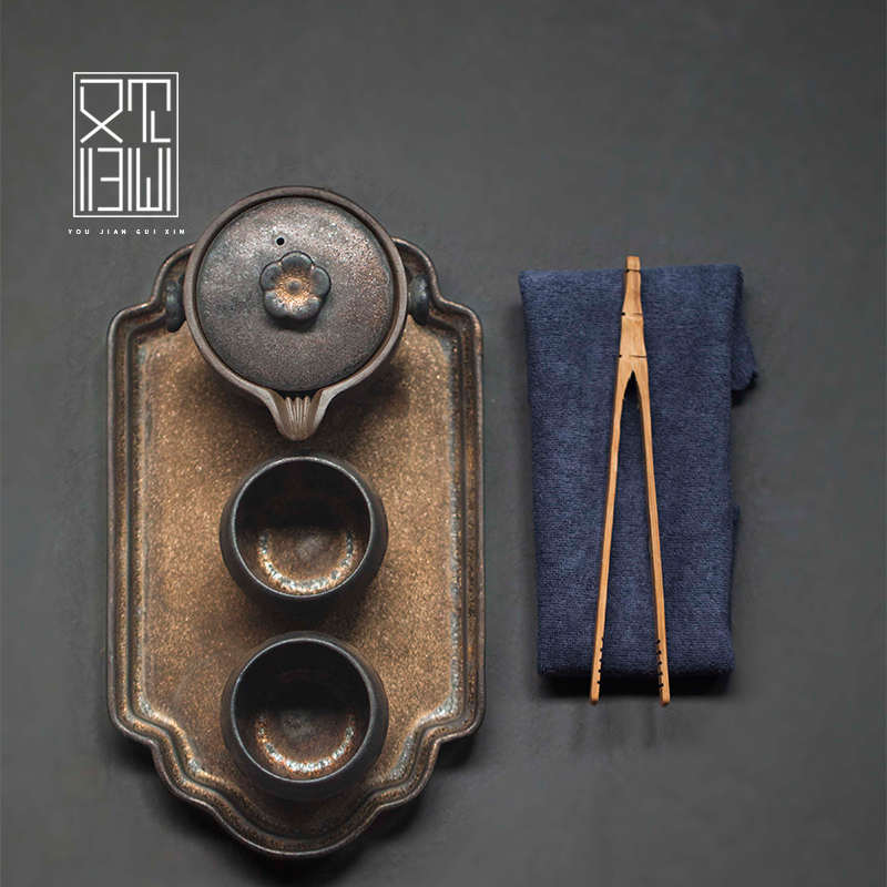 Kung fu tea set Rough ceramic dry plate iron glaze of small household small set of retro tea table ceramic dry plate