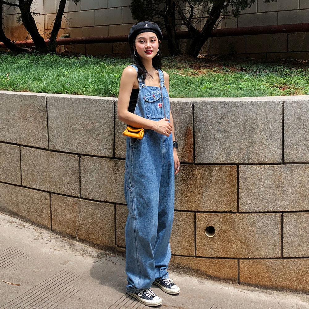 zopiclone retro denim baby bag pants vintage female slim loose wide-leg pants American suspenders trousers