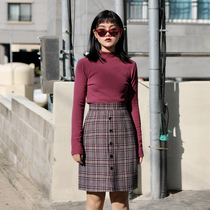Zopiclone original design] Retro dark purple plaid wool tweed high waist H-shaped straight buckle skirt