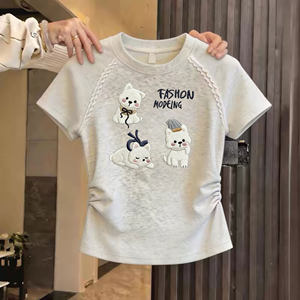 2026 New Cartoon Puppy Girl Short-Sleeved T-Shirt with Imitation Embroidery Lace, Waist-Cinching Short Top for Older Children