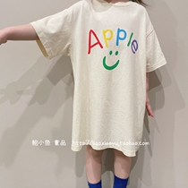 Bao Xiaoyu 2022 Summer New Korean Girls Soft Waxy Loose Colorful Letters Smiley Mid-Length Cotton T-Shirt Skirt