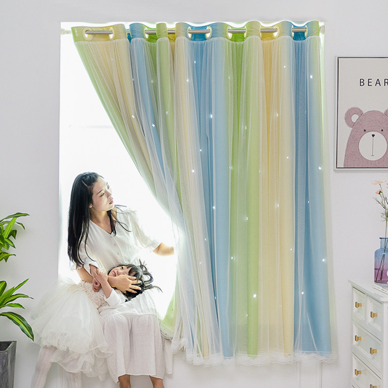 Children's room curtains without punching hole mounting scaling rod shading bedroom in window without installing small window short curtain half-cut