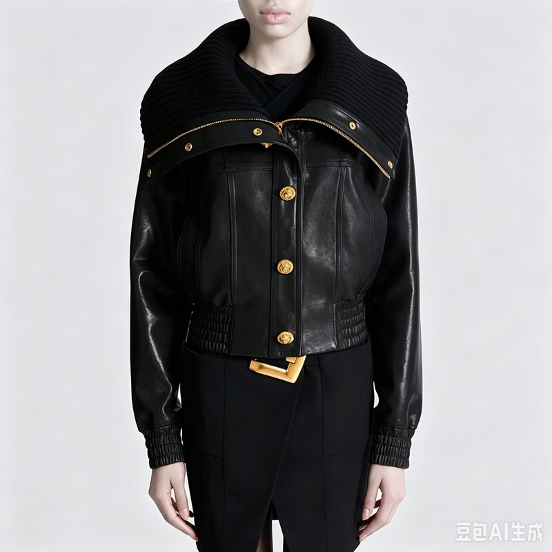 Balmain Gina 2026 Autumn and Winter New European and American Fashion Style Short Leather Jacket with Lion Buckle and Knitted Collar