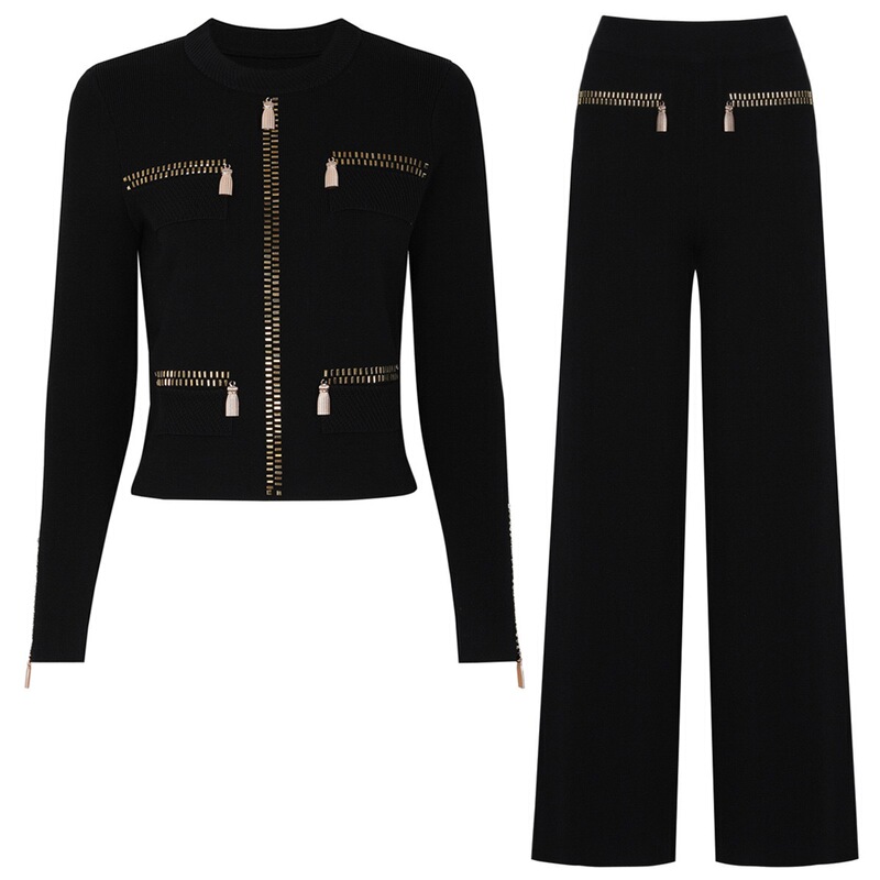 Balmanjina 2026 Spring and Autumn New Style Rhinestone Knitted Internet Celebrity Casual Style Top Jacket + Pants Set
