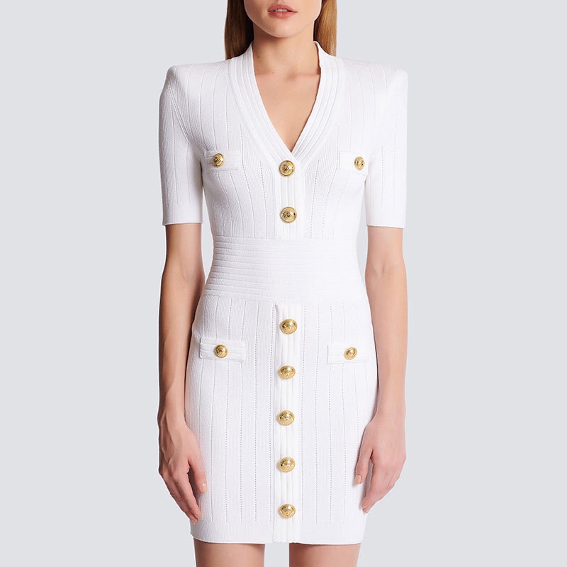 Balmain Gina Balman Summer Tweed-Style Knitted V-Neck High-Waisted Bodycon Dress for Petite Figures, Slimming Effect