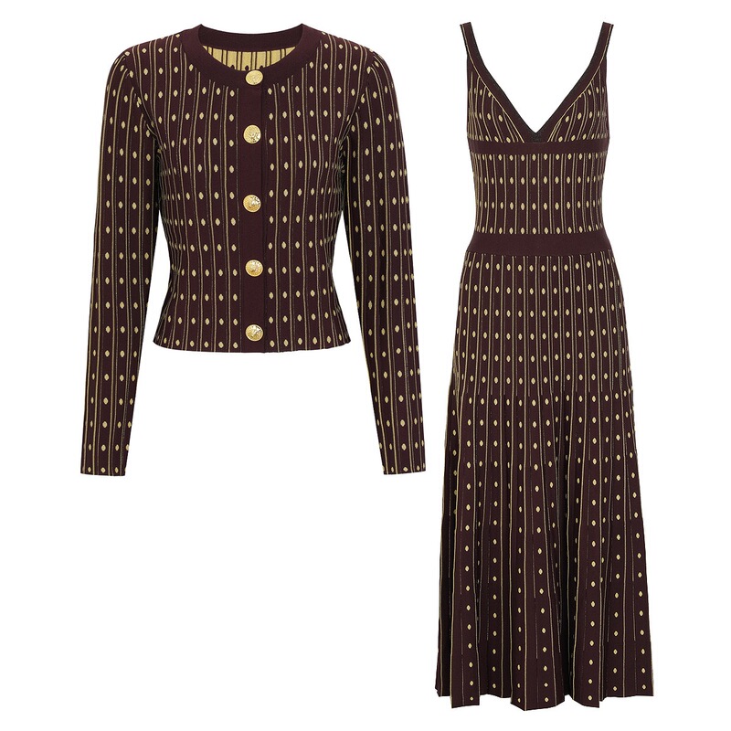 Balmanjina 2026 New Knitted Gold Stripe Long-Sleeve Cardigan + Suspender Dress Slim-Fit Suit Balmanjina 2026 New Knitted Gold Stripe Long-Sleeve Cardigan + Suspender Dress Slim-Fit Suit