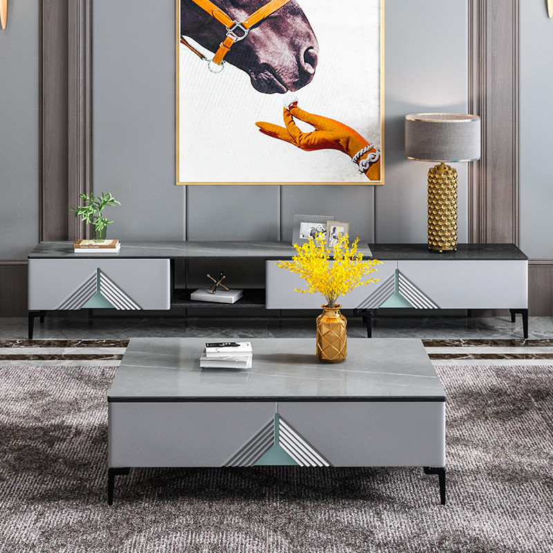 Grey Willy-style Minimalist Light Lavish Rockboard Tea Table TV Cabinet Combo Modern Minima Tea Table Living Room Home small family Type