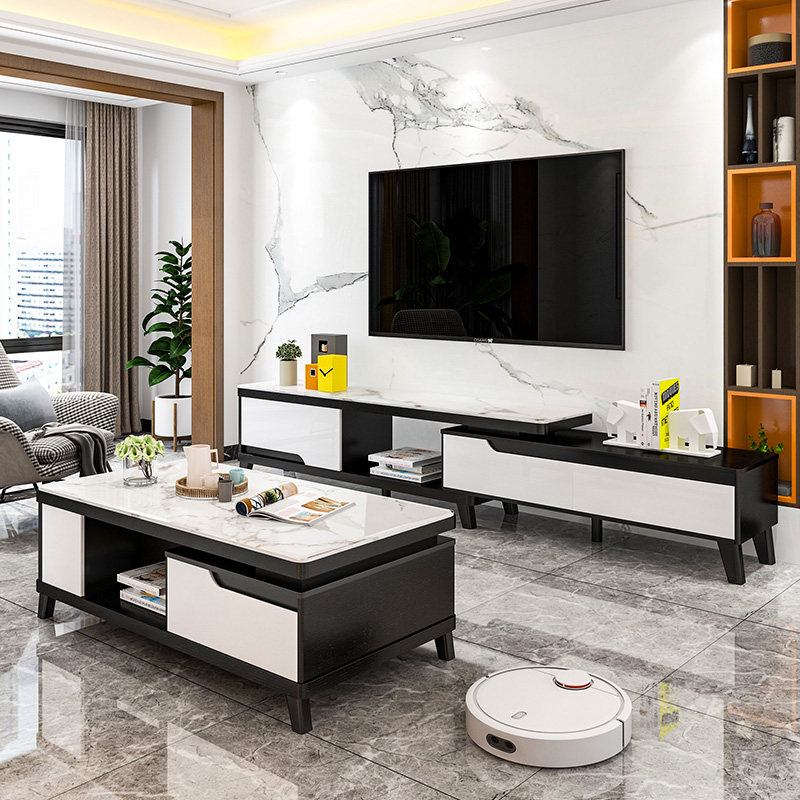 Tempered glass marble TV cabinet coffee table combination modern simple solid wood set living room furniture small apartment