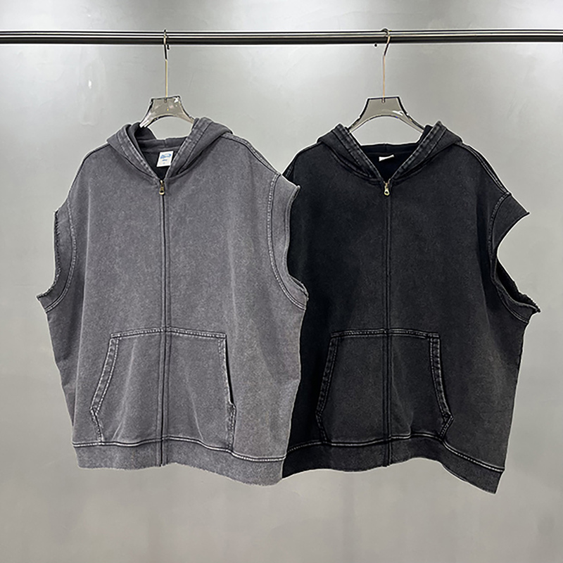 High-Quality Heavyweight Retro Hooded Zip-Up Vest, Unisex, Sleeveless, Rolled Hem, Casual Layering Vest, Trendy