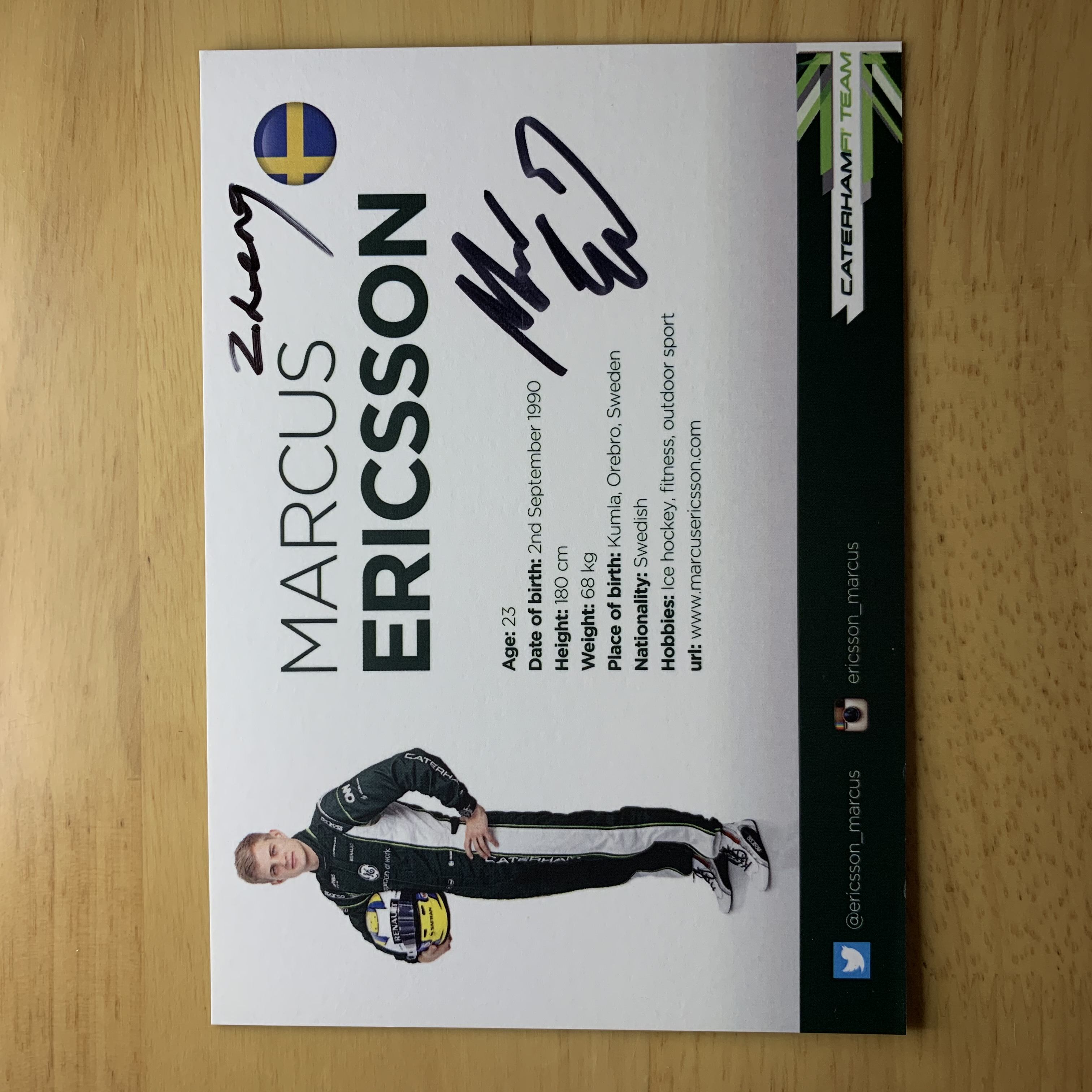 Caterham F1 team Eriksson's official pro-pen signing card