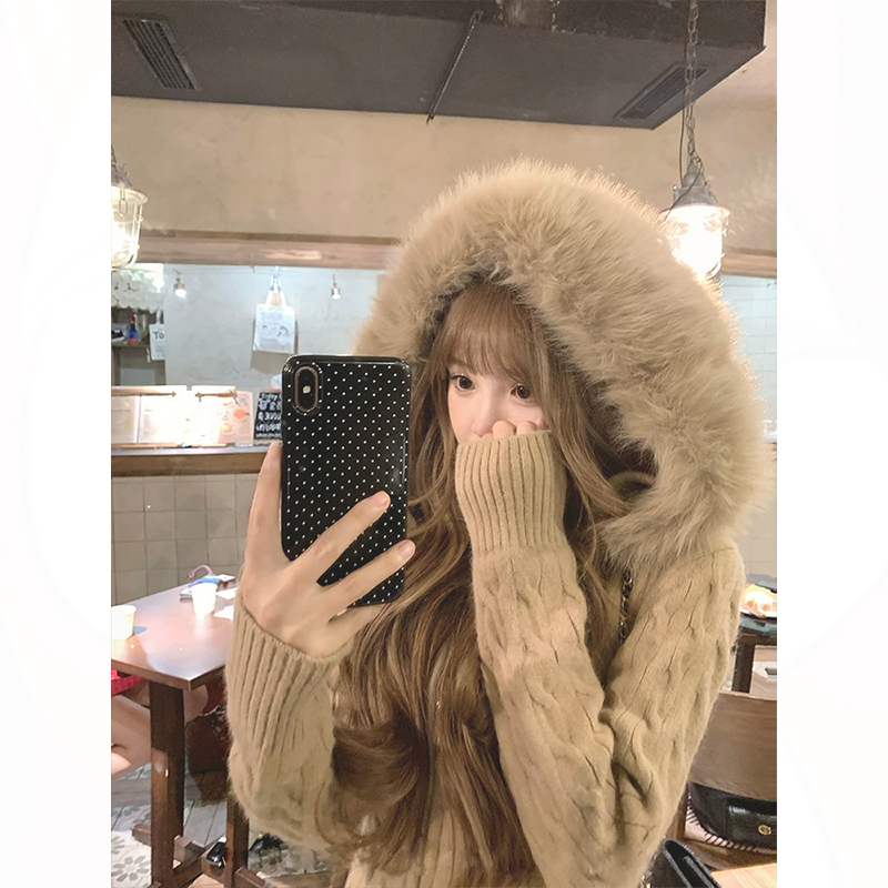 Detachable Large Fur Collar Hooded Waist-Cinching Sweater Coat for Women 2026 New Twist Cardigan Slim Fit Knitwear