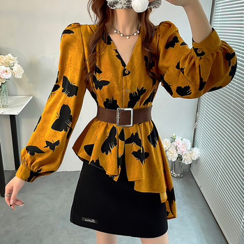 Butterfly print irregular mid-length shirt for women slimming v-neck belt waist puff sleeve autumn shirt