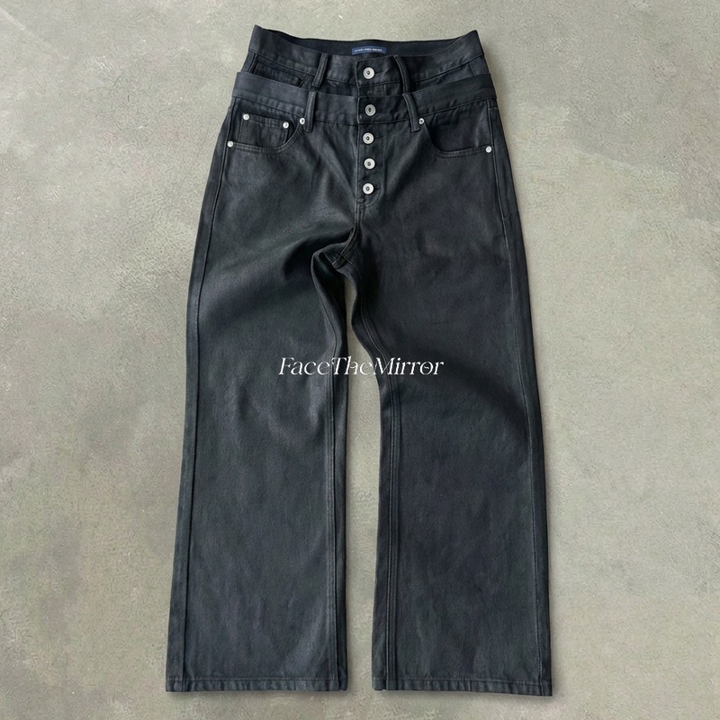 Ftm Heavy-Duty 13.5oz Waxed Double Waistband Five-Button Kanglong Jeans, Loose Straight-Leg A-Line Flared Long Pants
