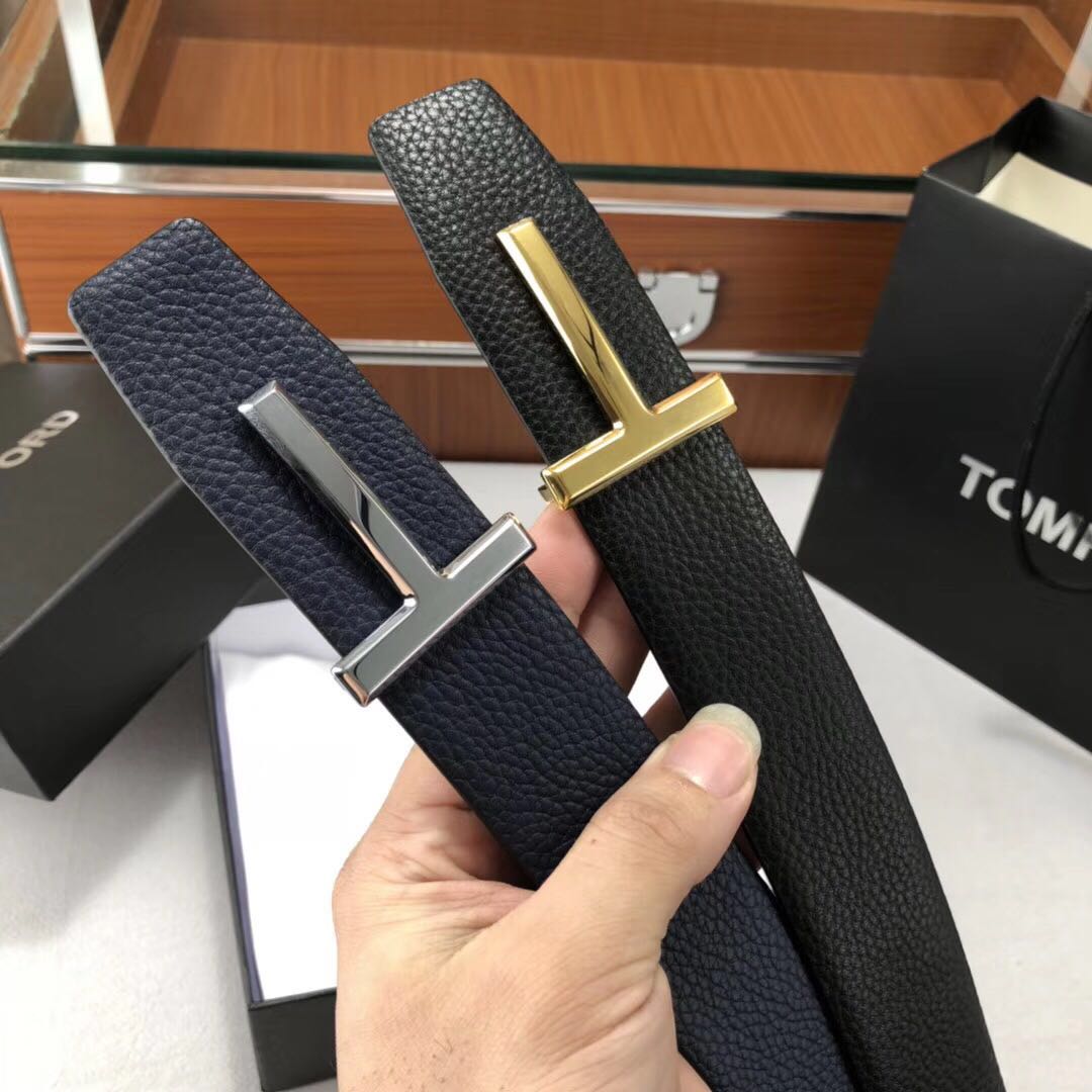 New Tom Ford TOM Men's belt Fashion Double face with genuine leather T Word buckle Business strap