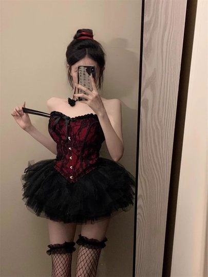 复古宫廷风性感辣妹抹胸上衣夏季新款高腰显瘦蓬蓬短裙子两件套女