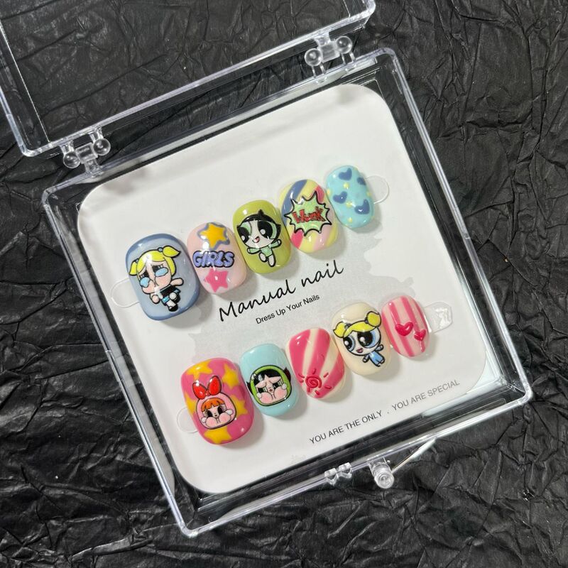 Powerpuff Girls Wearable Nails, Pure Handmade Cute Cartoon Nail Stickers, Removable Fake Nails for Students, Nail Stickers