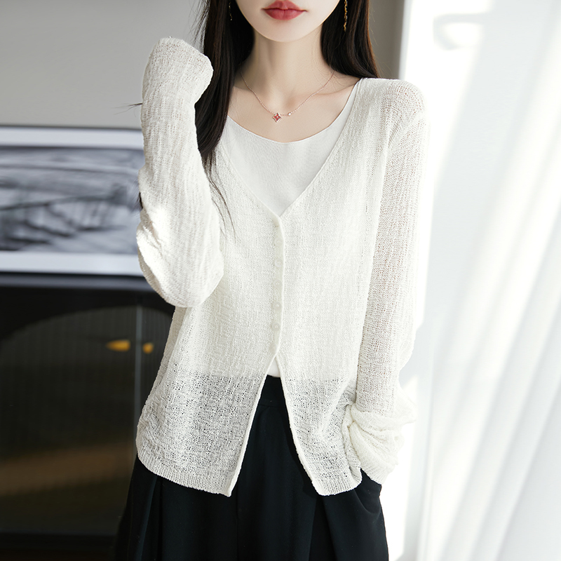 Lightweight and Breathable V-Neck Air Conditioning Shirt for Women, New Spring/Summer Linen Knit Cardigan, Lyocell Sun Protection Clothing, Trendy