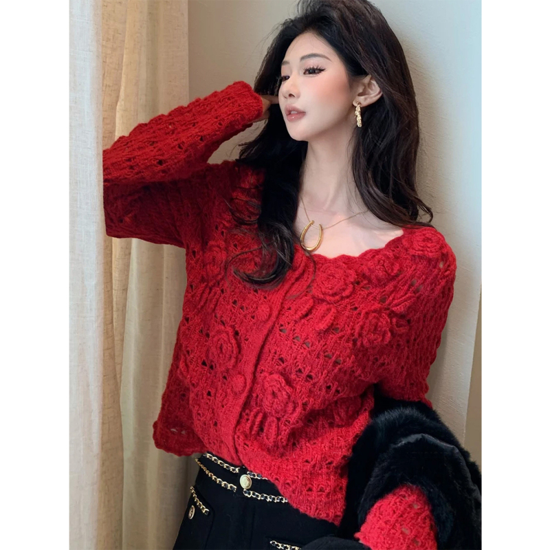 Retro Red Stereo Crochet Cut Out Soft Sweater for Women in Autumn and Winter Loose Design Niche Knitted Cardigan Top Retro Red Stereo Crochet Cut Out Soft Sweater for Women in Autumn and Winter Loose Design Niche Knitted Cardigan Top