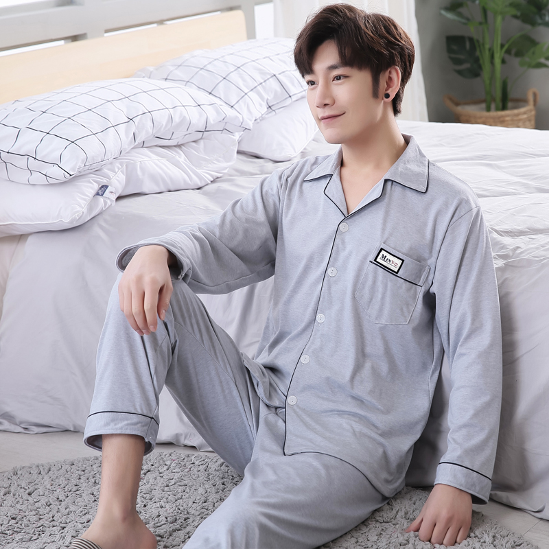 Bộ đồ ngủ mens dài tay áo bông cotton vào mùa xuân và mùa thu mùa đông mens đồ ngủ mùa hè mỏng bông xanh trung niên set cha nhà quần áo.