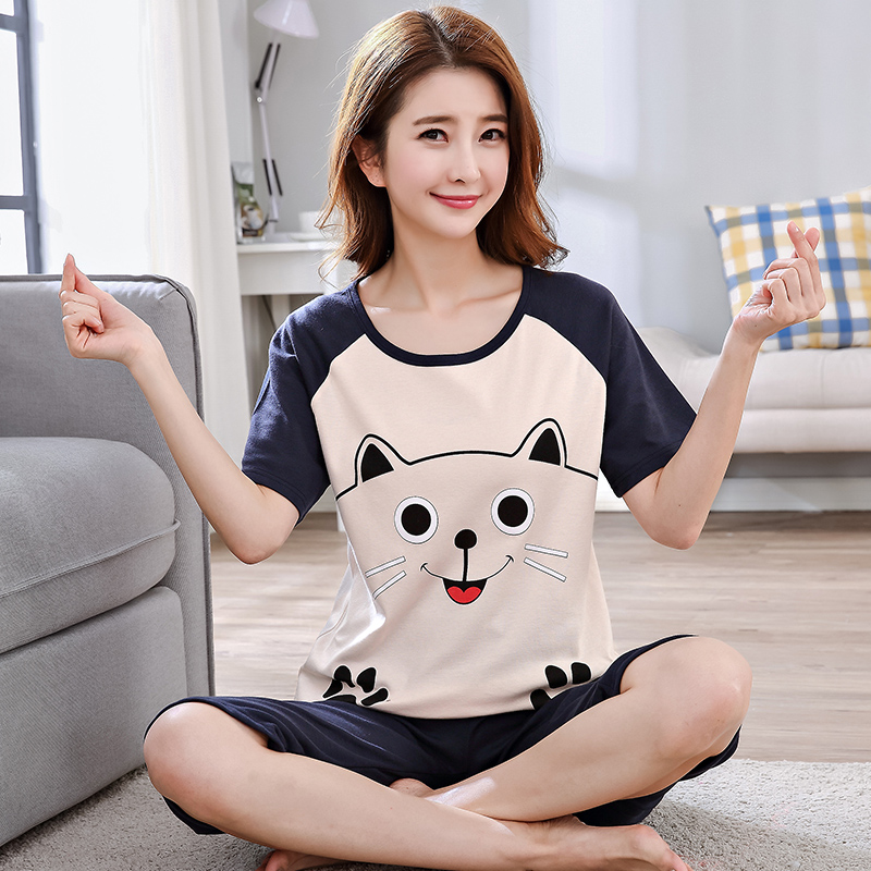 Summer pajama womens bộ bông tay áo ngắn 7 phút có thể tươi dễ thương mặc womens mùa hè ngắn quần áo về nhà.