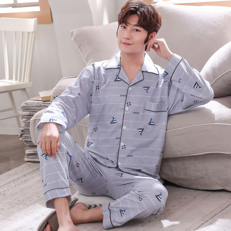 Bộ đồ ngủ mens dài tay áo bông cotton vào mùa xuân và mùa thu mùa đông mens đồ ngủ mùa hè mỏng bông xanh trung niên set cha nhà quần áo.