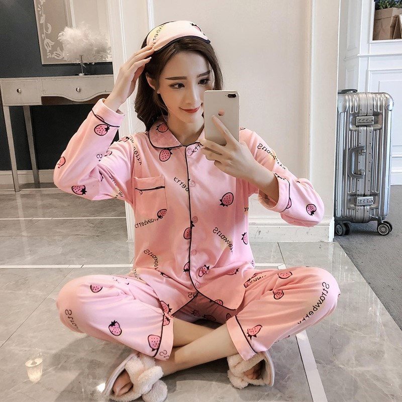 Pajama phụ nữ mùa xuân và mùa thu cotton dài tay mỏng cardigan Hàn Quốc phiên bản tăng đang womens con trai trăng quần áo nhà thiết.