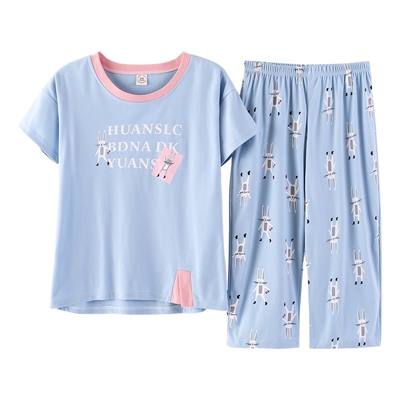 Summer pajama womens bộ bông tay áo ngắn 7 phút có thể tươi dễ thương mặc womens mùa hè ngắn quần áo về nhà.