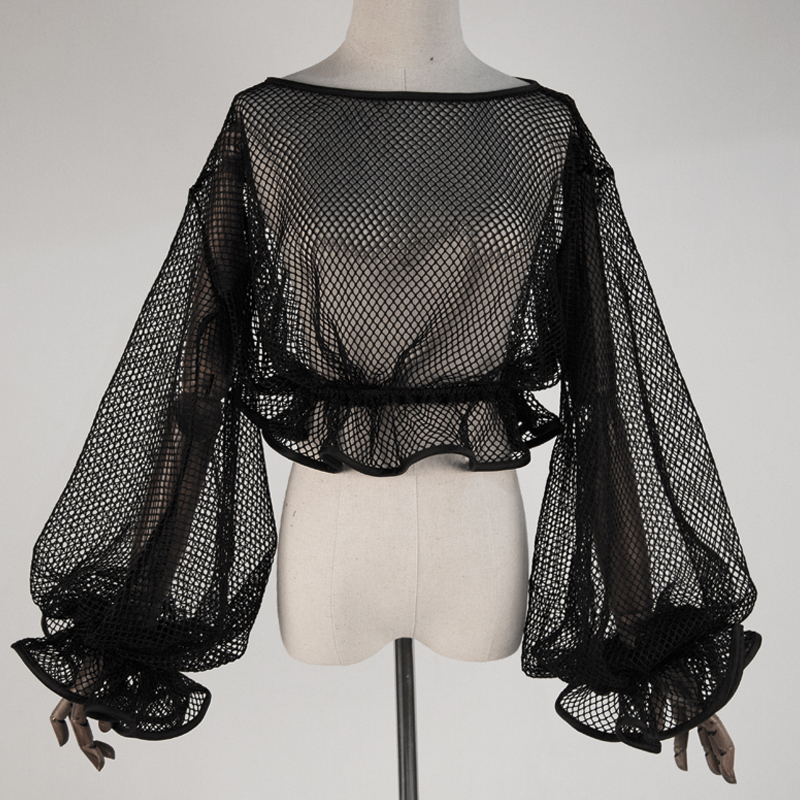 Gothic Girls See-through Mesh Blouse Balloon Sleeve Tops Harajuku Punk ...